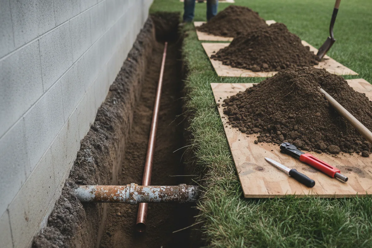 Excavated water line trench during Water Softener Installation in Gypsum